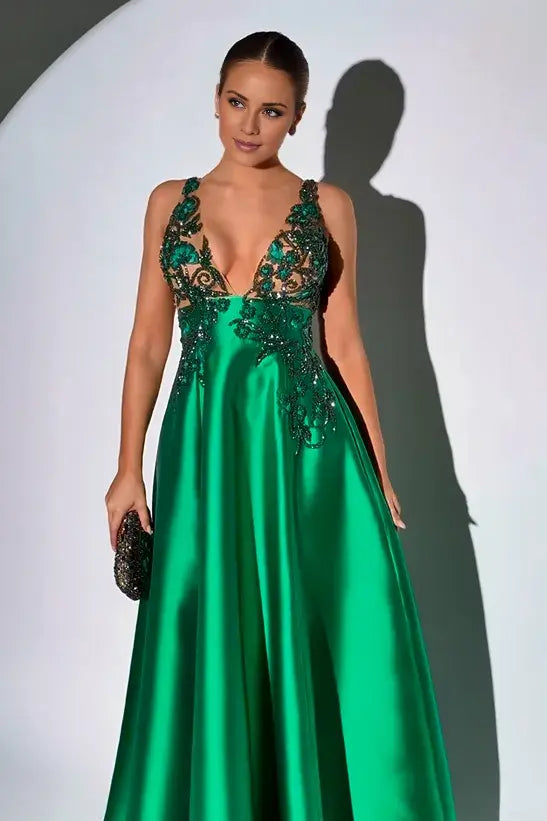 Vestido de fiesta Weitese glamoroso de satén verde oscuro, sin mangas, con tirantes finos y apliques de cuentas.